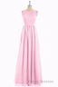 Pink Chiffon Halter Cutout Back A-Line Long Bridesmaid Dress