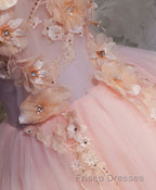 Pink Round Neck Tulle Lace Long Formal Prom Dress, Lace Formal Prom Dress