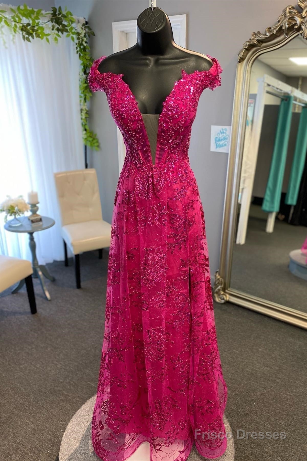 Fuchsia Off-the-Shoukder Floral A-line Long Prom Dress Main image