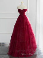 A-line Sweetheart Neck Tulle Burgundy Long Formal Prom Dress, Off Shoulder Burgundy Formal Prom Dress