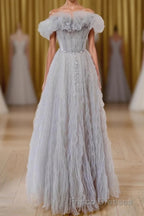 Gray Tulle A Line Off the Shoulder Formal Prom Evening Dress Long Formal Prom Dress