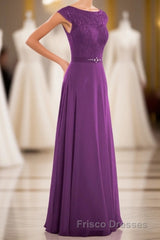 Elegant Purple Lace Cap Sleeve A-Line Long Bridesmaid Dress