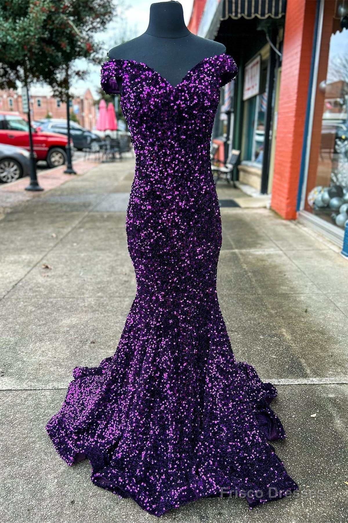 Purple Sequin Off-the-Shoulder Lace-Up Mermaid Long Dress Main image
