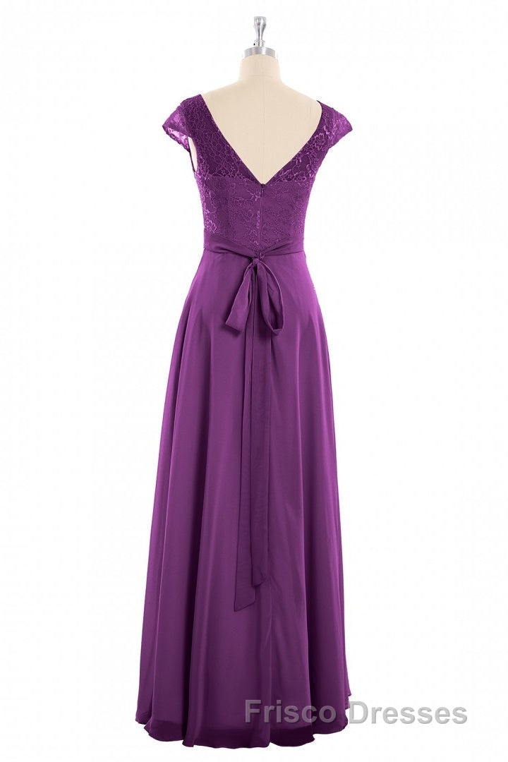 Elegant Purple Lace Cap Sleeve A-Line Long Bridesmaid Dress