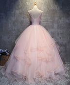 Pink Round Neck Tulle Lace Long Formal Prom Dress, Lace Formal Prom Dress