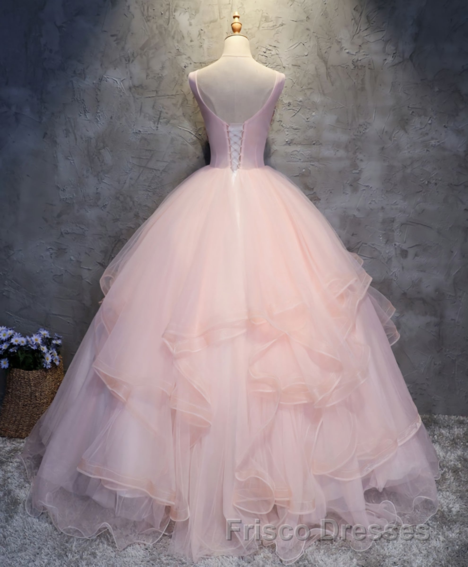 Pink Round Neck Tulle Lace Long Formal Prom Dress, Lace Formal Prom Dress