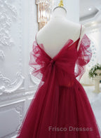 Wine Red Tulle V-Neckline Off Shoulder With Bow, Wine Red Tulle Long Formal Prom Dress