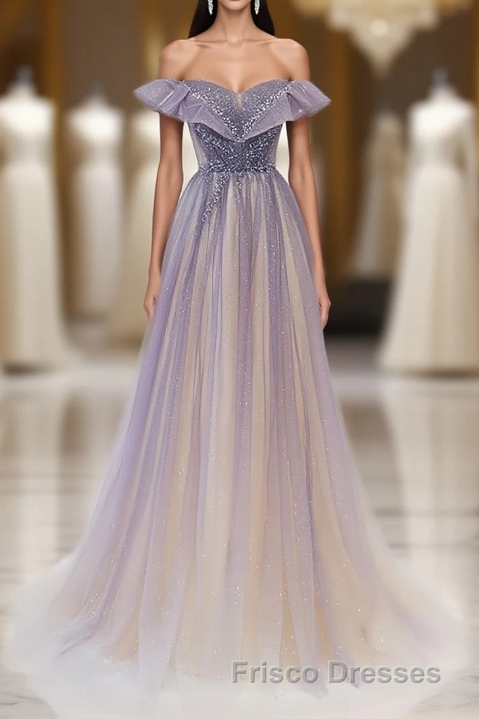 Purple Off Shoulder Tulle Sequin Long Formal Prom Dress, Purple Evening Dress Main image