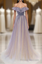 Purple Off Shoulder Tulle Sequin Long Formal Prom Dress, Purple Evening Dress