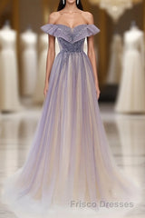 Purple Off Shoulder Tulle Sequin Long Formal Prom Dress, Purple Evening Dress