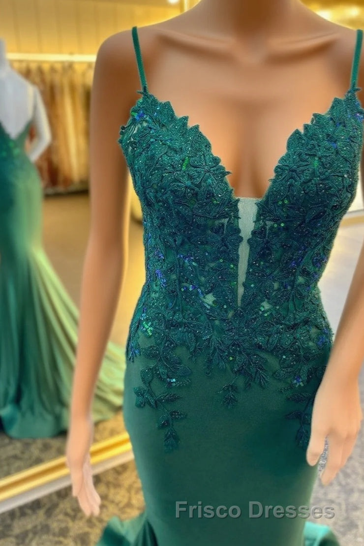 Hunter Green Floral Plunging V Mermaid Long Formal Prom Dress Main image