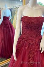Wine Red Floral Lace Strapless A-Line Formal Prom Dress