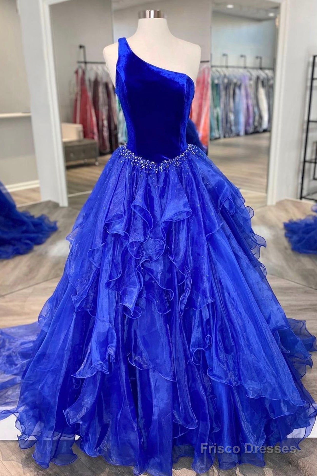 Blue Velvet Tulle One Shoulder Prom Dress, Blue Floor Length Evening Dress Main image
