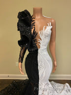 Hot Half Black Half White One shoulder Long Sleeves Mermaid Formal Prom Dress