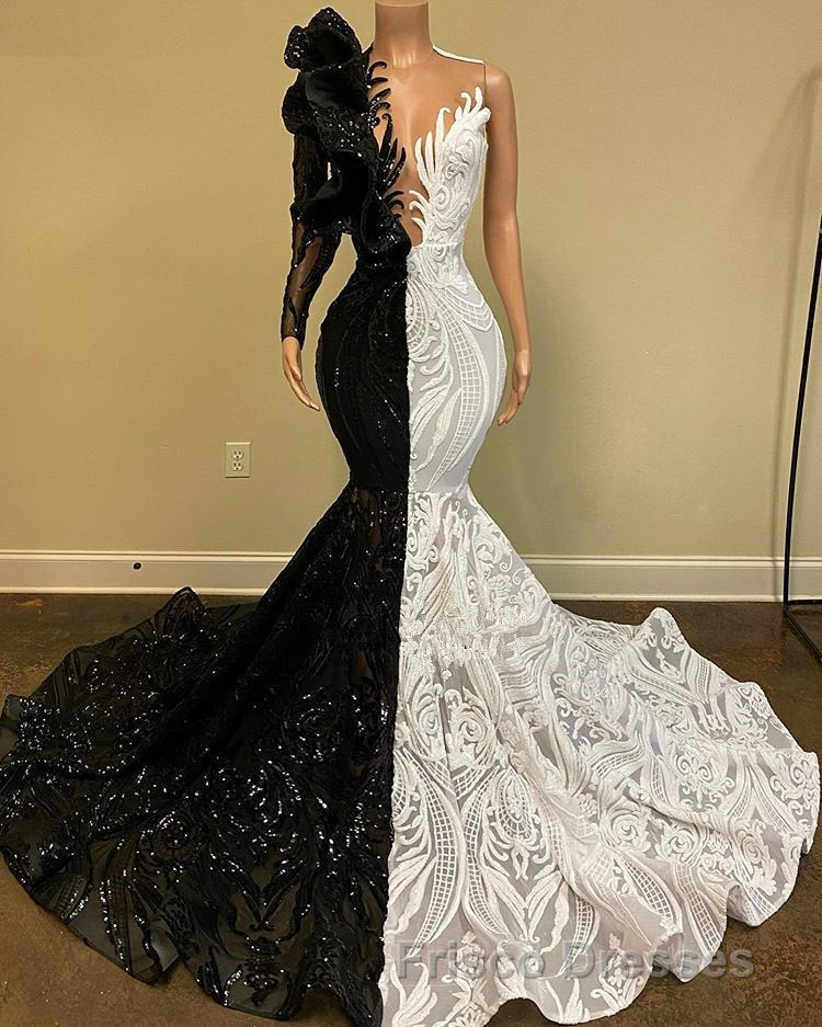 Hot Half Black Half White One shoulder Long Sleeves Mermaid Formal Prom Dress