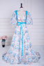 Blue and White Floral Bow Tie Straps A-line Long Formal Prom Dress with Slit