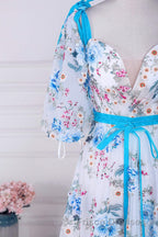 Blue and White Floral Bow Tie Straps A-line Long Formal Prom Dress with Slit