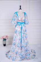 Blue and White Floral Bow Tie Straps A-line Long Formal Prom Dress with Slit