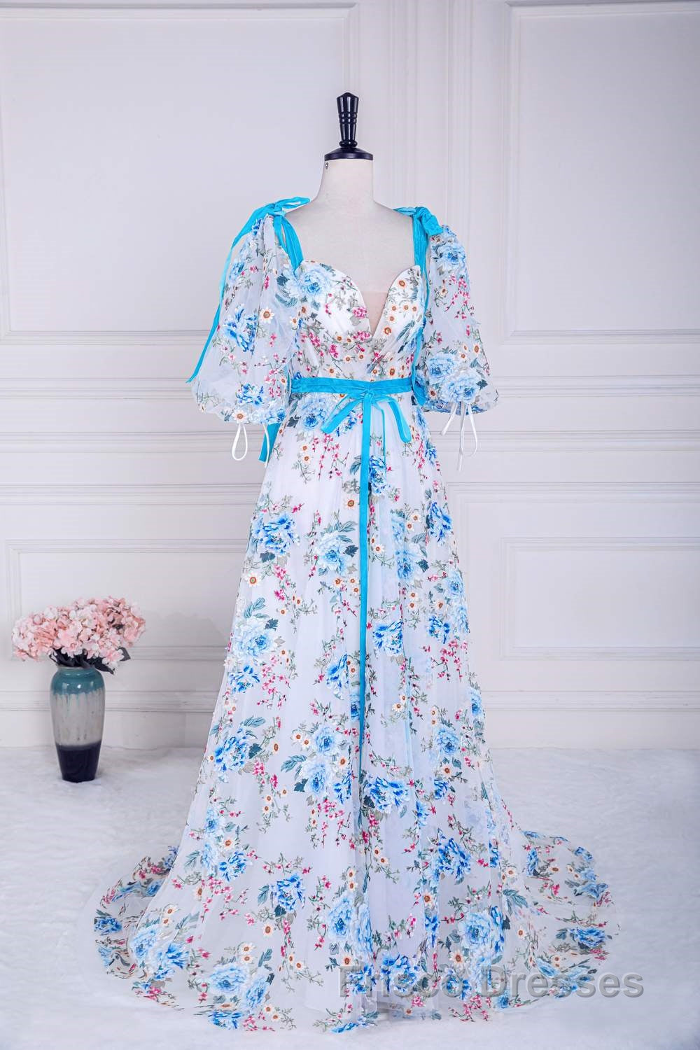 Blue and White Floral Bow Tie Straps A-line Long Formal Prom Dress with Slit