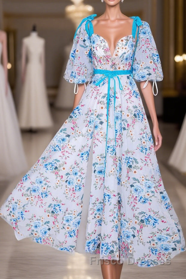 Blue and White Floral Bow Tie Straps A-line Long Formal Prom Dress with Slit