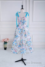 Blue and White Floral Bow Tie Straps A-line Tea-Length Formal Prom Dress