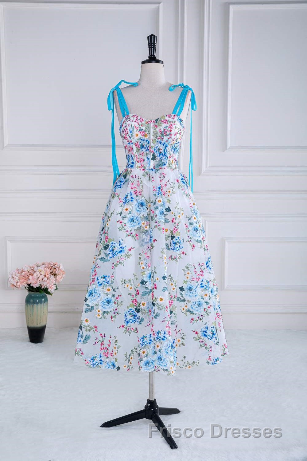 Blue and White Floral Bow Tie Straps A-line Tea-Length Formal Prom Dress