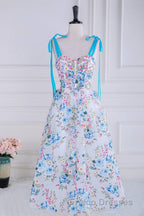 Blue and White Floral Bow Tie Straps A-line Tea-Length Formal Prom Dress