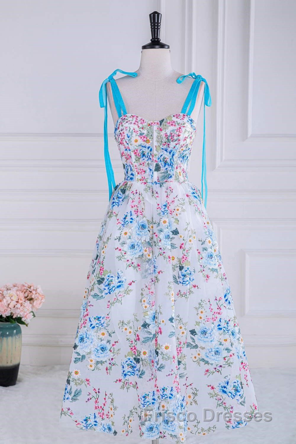 Blue and White Floral Bow Tie Straps A-line Tea-Length Formal Prom Dress