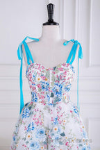 Blue and White Floral Bow Tie Straps A-line Tea-Length Formal Prom Dress