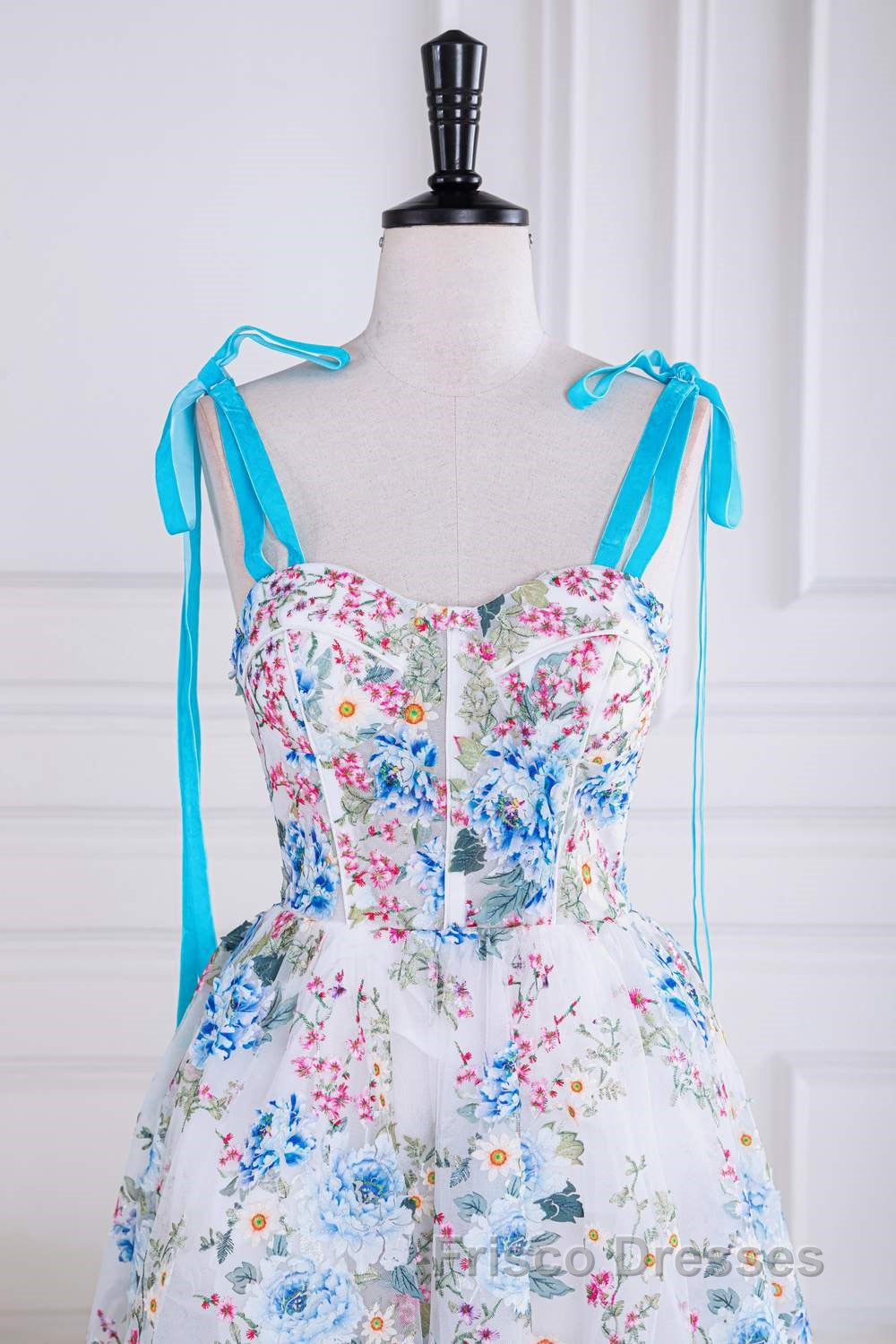 Blue and White Floral Bow Tie Straps A-line Tea-Length Formal Prom Dress