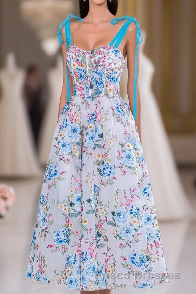 Blue and White Floral Bow Tie Straps A-line Tea-Length Formal Prom Dress Main image
