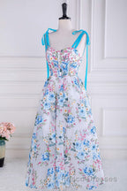 Blue and White Floral Bow Tie Straps A-line Tea-Length Formal Prom Dress