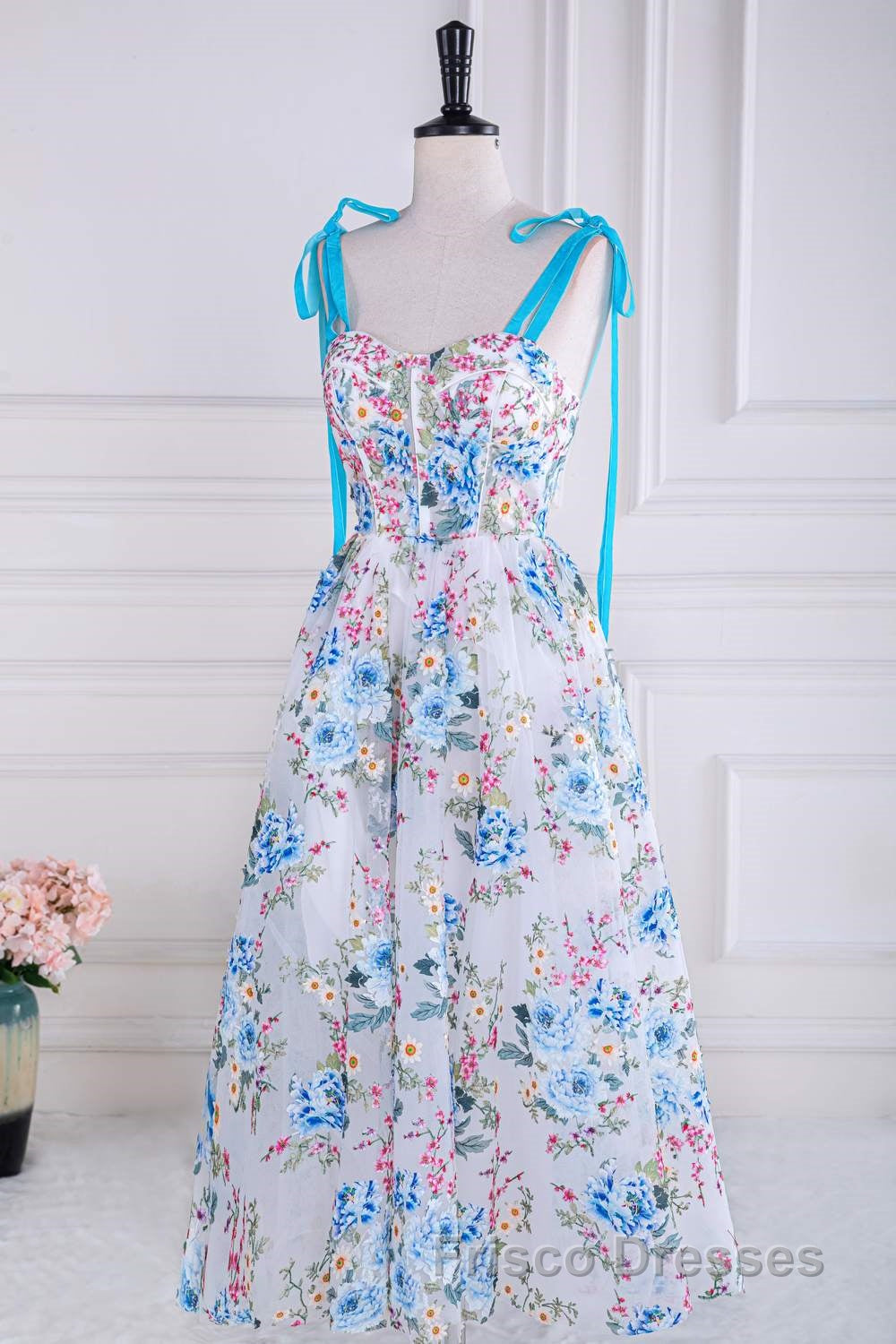 Blue and White Floral Bow Tie Straps A-line Tea-Length Formal Prom Dress