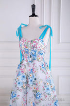 Blue and White Floral Bow Tie Straps A-line Tea-Length Formal Prom Dress