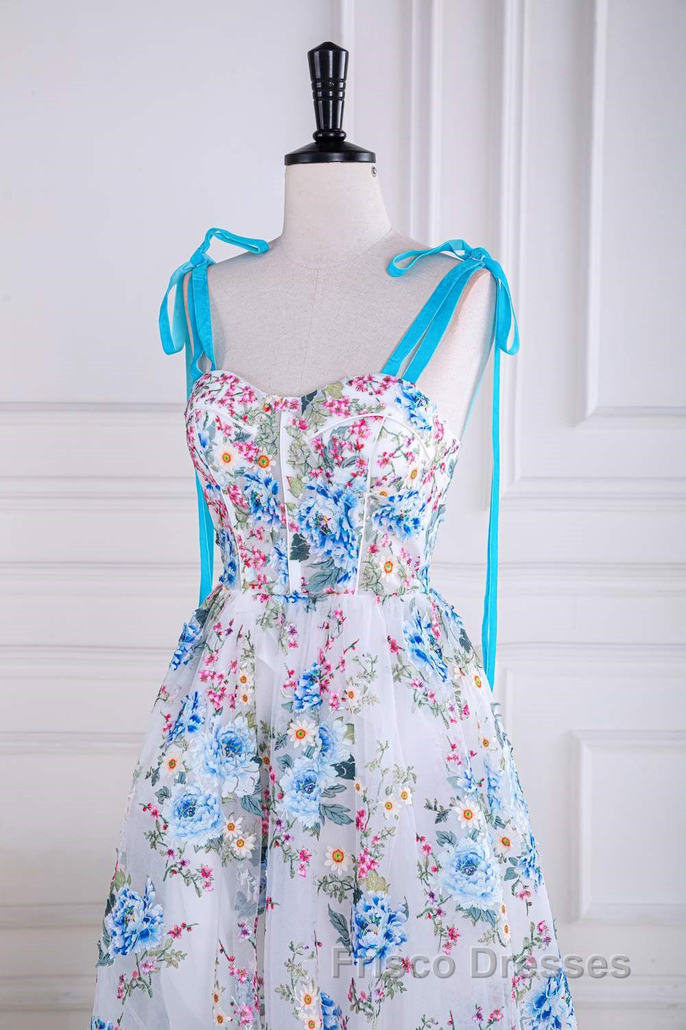 Blue and White Floral Bow Tie Straps A-line Tea-Length Formal Prom Dress