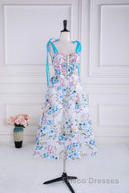 Blue and White Floral Bow Tie Straps A-line Tea-Length Formal Prom Dress