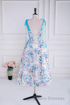 Blue and White Floral Bow Tie Straps A-line Tea-Length Formal Prom Dress