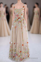 Dusty Pink Sequined Floral Appliques A-line Long Formal Prom Dress