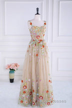 Dusty Pink Sequined Floral Appliques A-line Long Formal Prom Dress