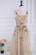 Dusty Pink Sequined Floral Appliques A-line Long Formal Prom Dress