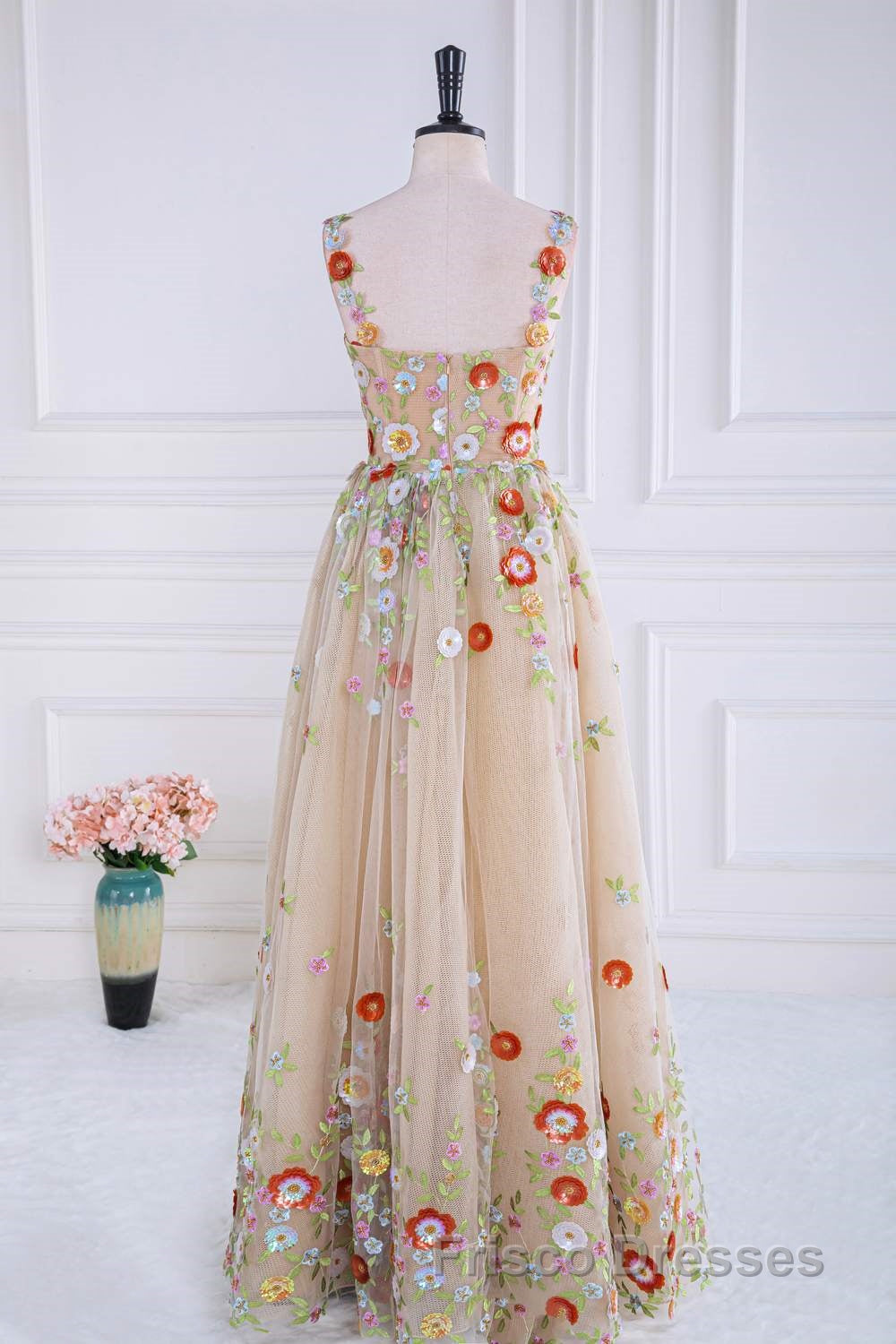 Dusty Pink Sequined Floral Appliques A-line Long Formal Prom Dress