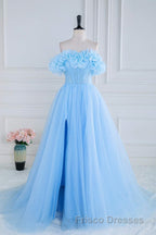 Light Blue Flowers Off-Shoulder A-line Long Formal Prom Dress with Slit