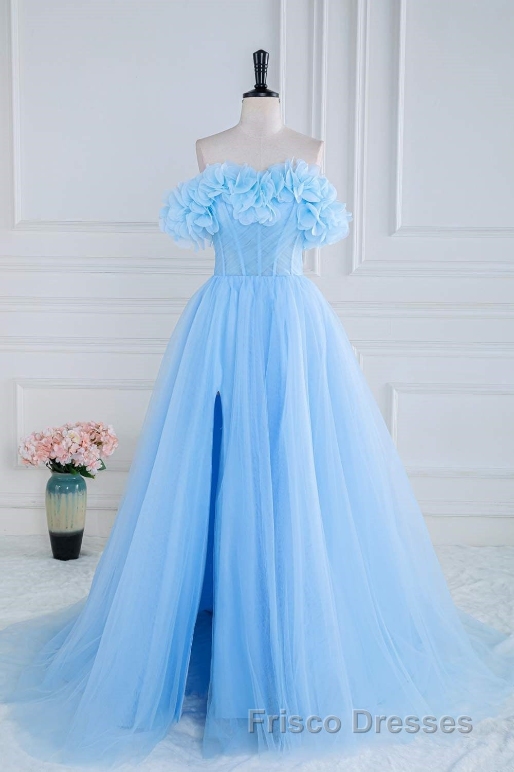 Light Blue Flowers Off-Shoulder A-line Long Formal Prom Dress with Slit