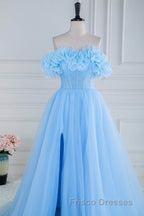 Light Blue Flowers Off-Shoulder A-line Long Formal Prom Dress with Slit