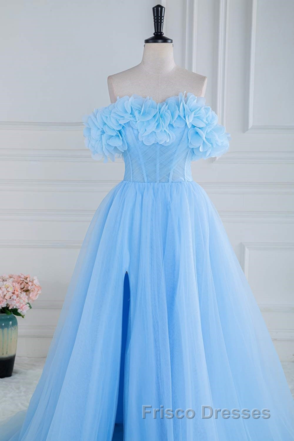 Light Blue Flowers Off-Shoulder A-line Long Formal Prom Dress with Slit