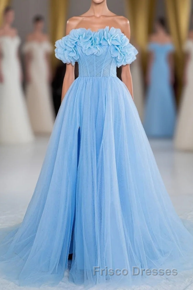 Light Blue Flowers Off-Shoulder A-line Long Formal Prom Dress with Slit Main image