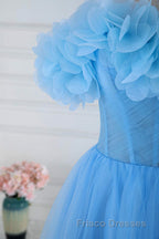 Light Blue Flowers Off-Shoulder A-line Long Formal Prom Dress with Slit