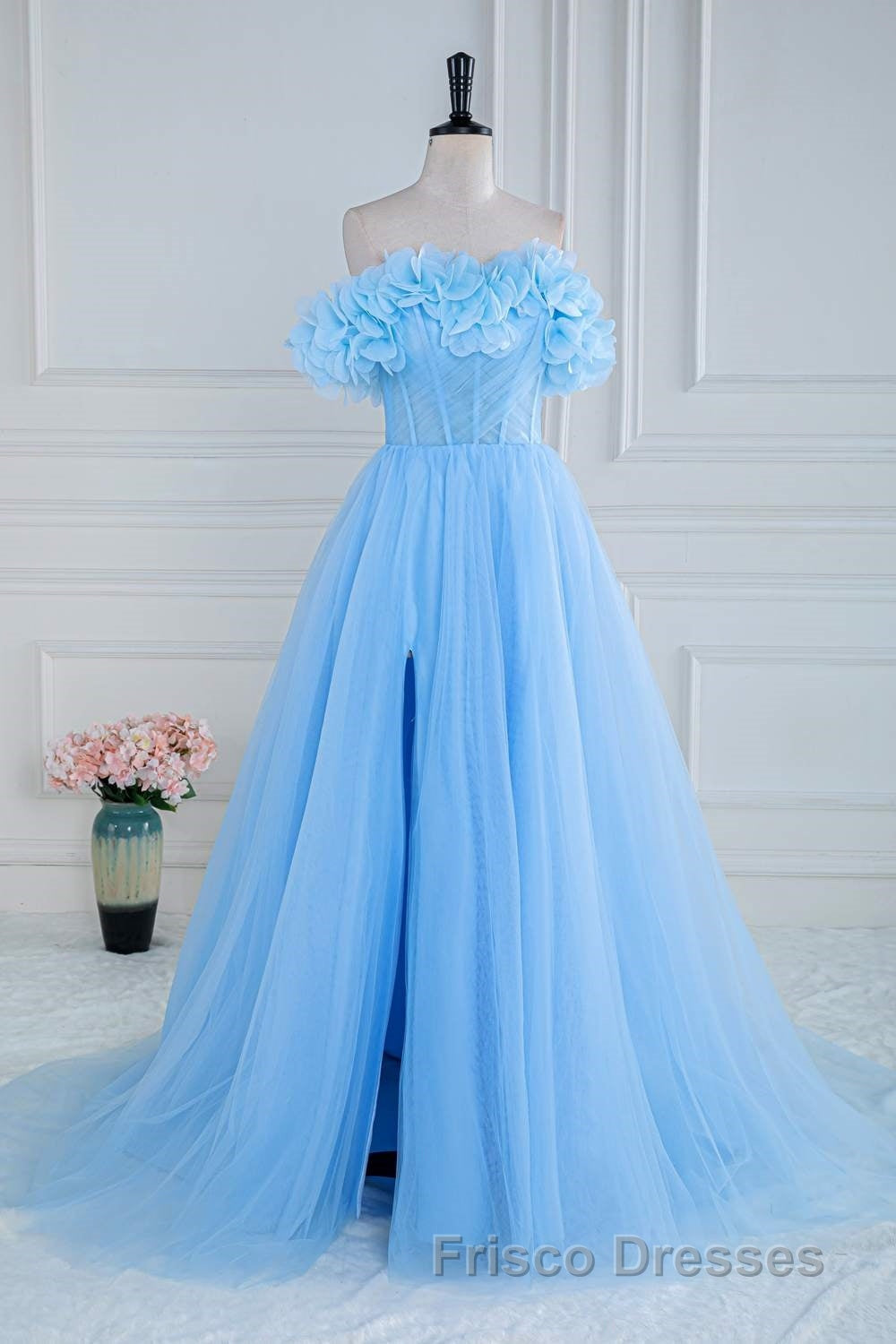 Light Blue Flowers Off-Shoulder A-line Long Formal Prom Dress with Slit Secondary image