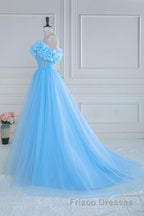 Light Blue Flowers Off-Shoulder A-line Long Formal Prom Dress with Slit