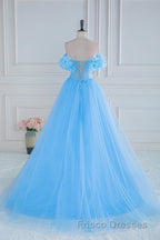 Light Blue Flowers Off-Shoulder A-line Long Formal Prom Dress with Slit